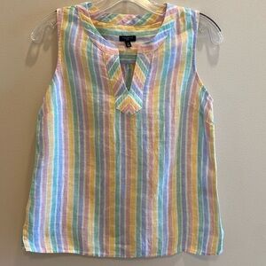Talbots Linen crew split neck sleeveless pink blue green rainbow stripe tank P